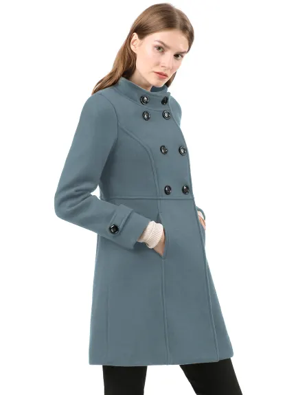 Allegra K- Stand Collar Long Sleeves Double Breasted Coat