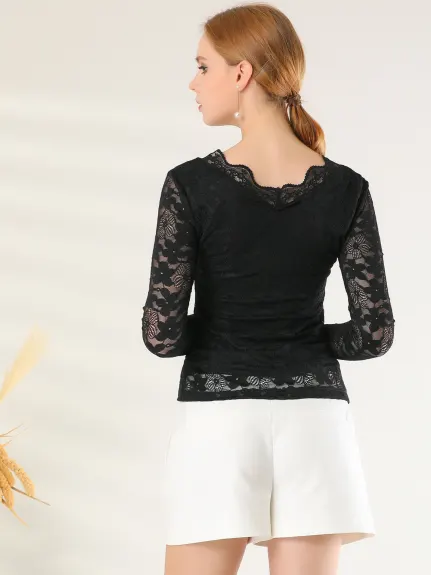 Allegra K- Floral Embroidery Sheer Long Sleeves Lace Blouse Top