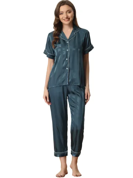 cheibear - Ensemble pyjama chemise boutonnée en satin et pantalon long