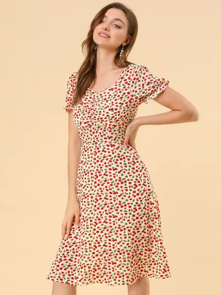 Allegra K- Floral Sweetheart Cherry Print Flare Dress