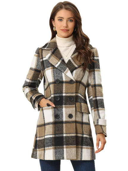 Allegra K- Notched Lapel Double Breasted Plaid Overcoat