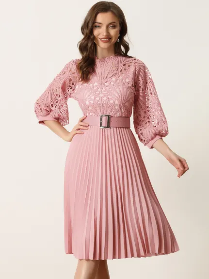 Allegra K- 3/4 Sleeves Belted Pleated Lace Dresse