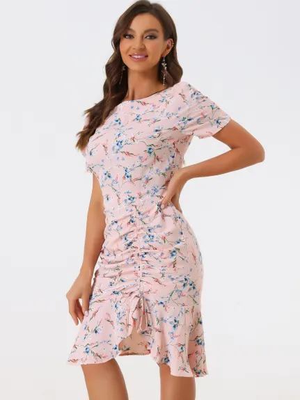 Allegra K- Ruffle Hem Ruched Side Floral Midi Dress