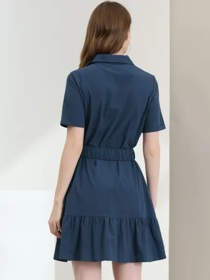 Allegra K- Ruffled Hem Belted Button Up Mini Dress
