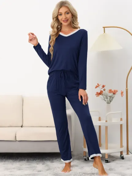 cheibear - V Neck Lace Trim Top with Pants Lounge Set