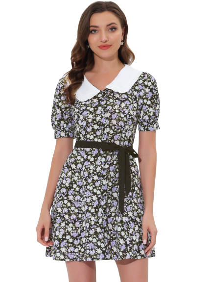 Allegra K- Floral Bow Tie Short Sleeve Shirt Dress