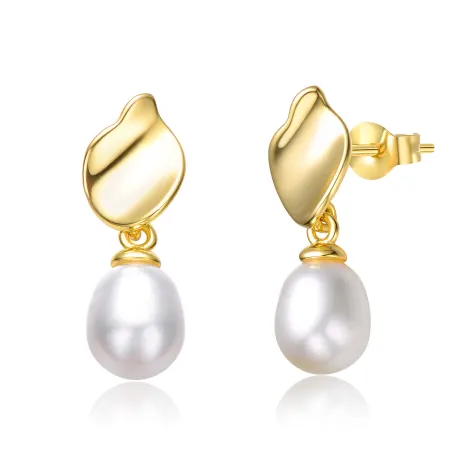 Genevive Sterling Silver 14k Yellow Gold Plated with Oval White Pearl Seashell Design Double Dangle Earrings