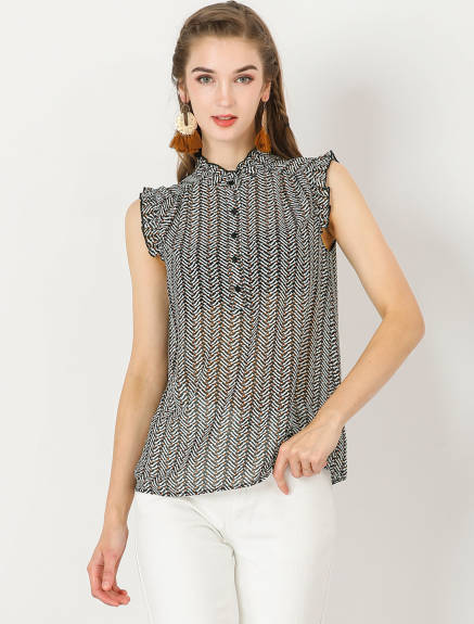 Allegra K- Ruffle Sleeveless Button Up Print T-Shirt Blouse