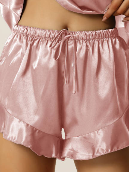 cheibear - 5 Pieces Pj Sets Satin Cami Comfortable Shorts Pants Sleepwear