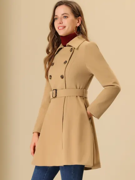 Allegra K- Double Breasted Turn Down Collar Swing Belted Coat