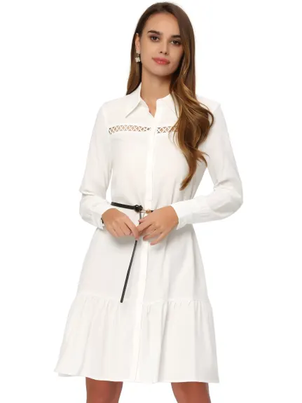 Allegra K- Point Collar Button Front with Belt Boho Shirt Dress