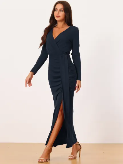 Seta T- Maxi Bodycon V Neck Draped Front Ruched Cocktail Dress with Slit