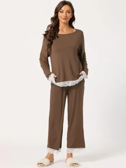cheibear - Lace Trim Shirt and Pants Sleepwear 2pcs
