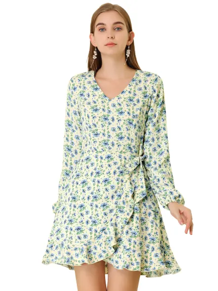 Allegra K- Mini robe florale à manches longues et col en V avec ourlet à volants