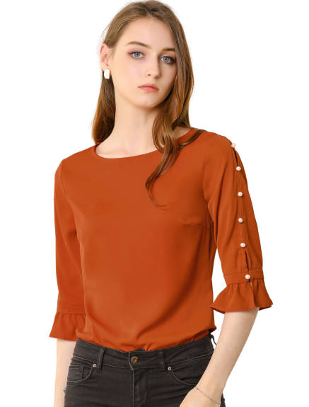 Allegra K- Ruffle Half Sleeve Keyhole Casual Tops Button Solid Blouse Top