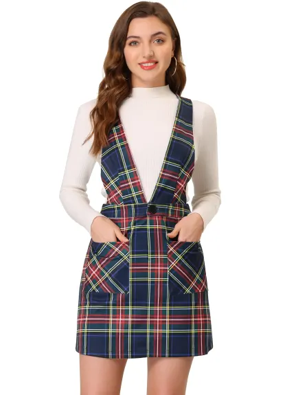 Allegra K- Plaid Above Knee Knit Crossover V Neck Overall Skirt