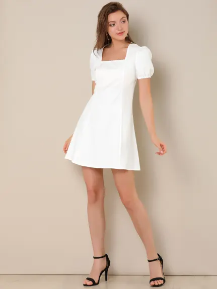 Allegra K- Mini-robe trapèze à manches bouffantes et col carré