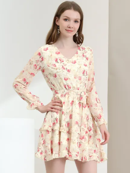 Allegra K- Long Sleeve Belted Ruffle Chiffon Floral Dress