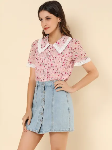 Allegra K - Peter Pan Collar Floral Embroidered Blouse