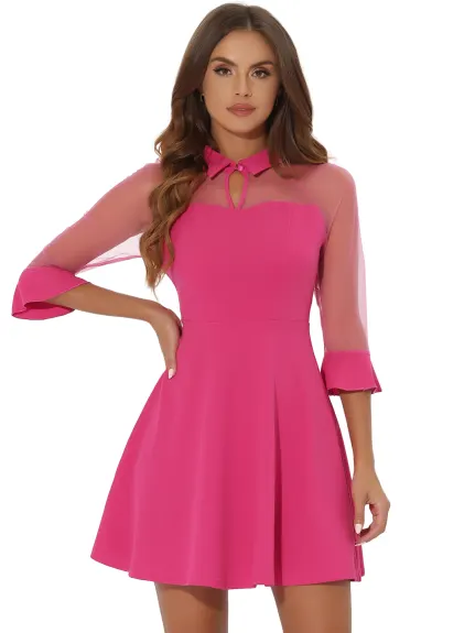 Allegra K- Mesh Sheer 3/4 Sleeves Keyhole A-Line Dress