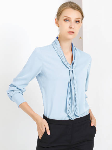 Allegra K- Long Sleeve Blouses Chiffon Pleated Tie Neck Office Top Shirt