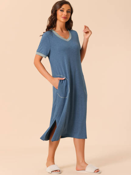 cheibear - V Neck Long Basic Slit Nightgown