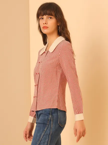 Allegra K - Chemise boutonnée à carreaux vichy à col contrasté vintage