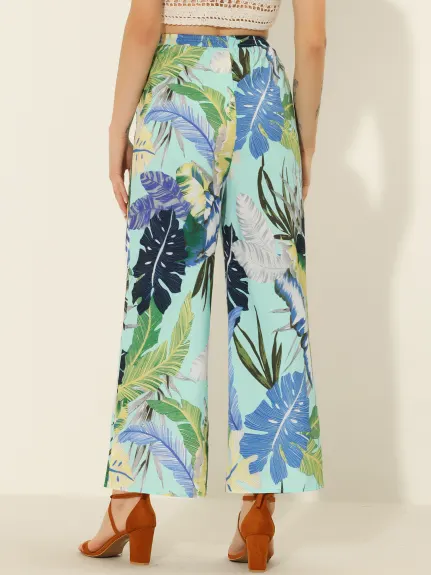 Allegra K- Drawstring Wide Leg Floral Beach Pants