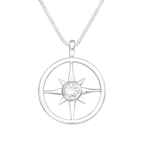 Sterling Silver Dainty Compass Pendant Necklace with Cubic Zirconia Center - Ag Sterling