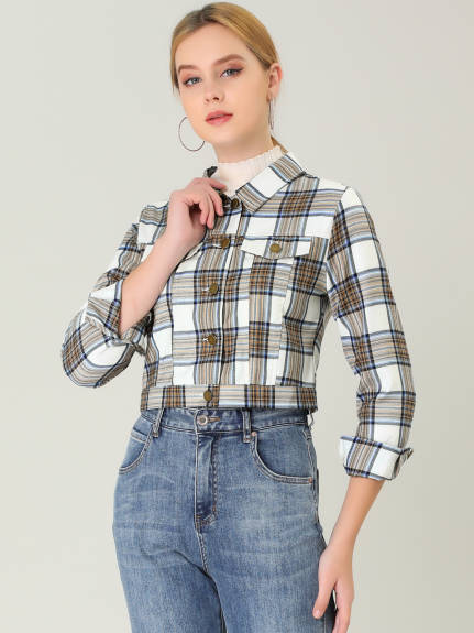 Allegra K - Long Sleeves Button Down Plaid Cropped Jacke