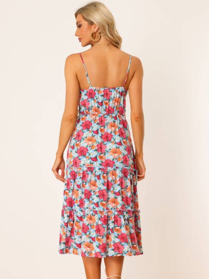 Allegra K- Summer Sleeveless Floral Belted Adjustable Strap Dress
