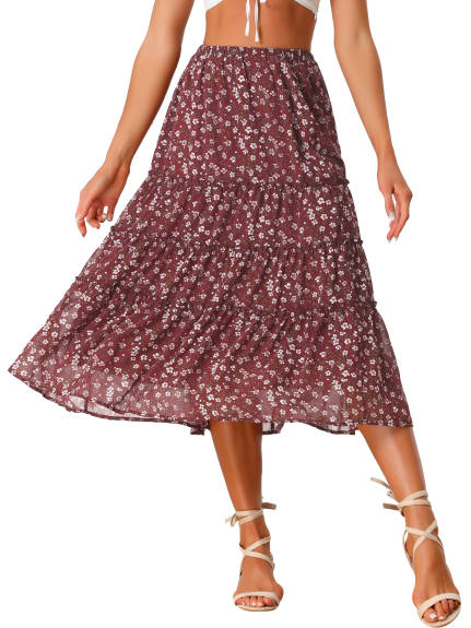 Allegra K- Floral Tiered Long A-Line Chiffon Skirt