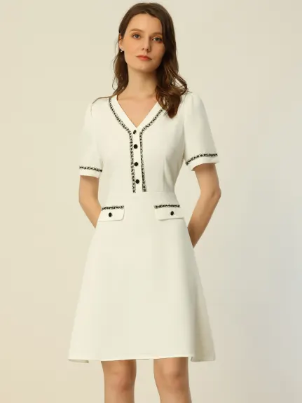 Allegra K- Half Placket Short Sleeve Textured A-Line Dress