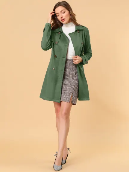 Allegra K- Notched Lapel Double Breasted Faux Suede Trenchcoat