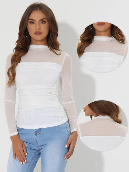 Allegra K- Women's Comfortable Long Sleeve Sheer Panel Mesh Top
