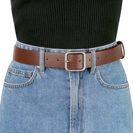Allegra K- Square Pin Silver Buckle Wide Leather Waist Belt