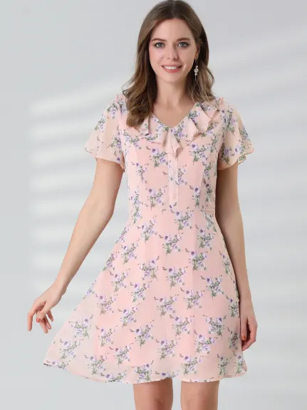 Allegra K- Ruffle Neck Short Sleeve A-Line Flowy Chiffon Floral Dress