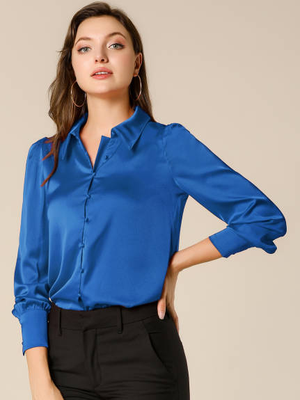 Allegra K- Satin Blouse Puff Sleeve Point Collar Dressy Vintage Button Up Shirt