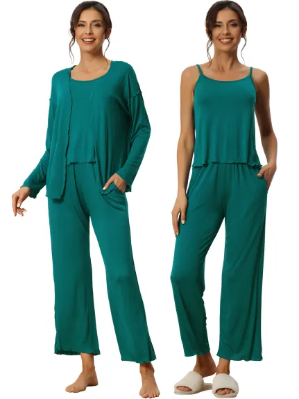 cheibear - 3Pcs Solid Color Top and Pants Sleepwear Set