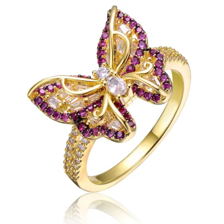 Rachel Glauber Young Adults/Teens 14k Yellow Gold Plated with Amethyst & Cubic Zirconia Butterfly Split Top Ring