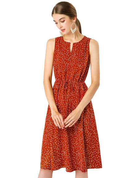 Allegra K- Women's Drawstring Printed Sleeveless A-Line Dress