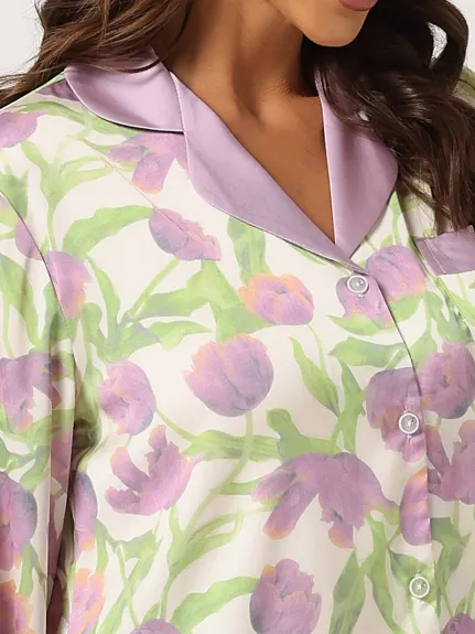 cheibear - Floral Button Down Silk Sleepwear 2pcs Set