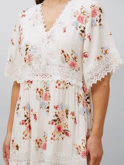 Annick - Sara Short Dress Floral Print Embroidered White