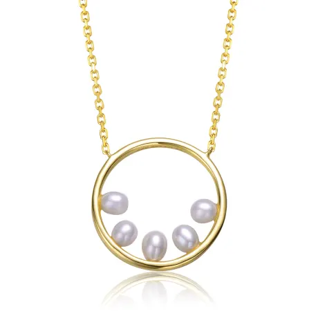 Genevive Sterling Silver 14k Yellow Gold Plated with White Pearl Halo Eternity Circle Pendant Layering Necklace