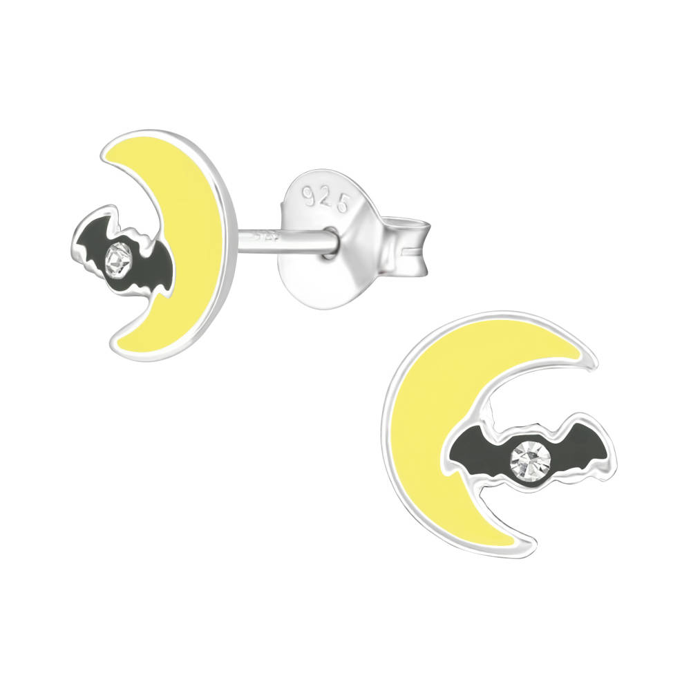 Sterling Silver & CZ Flying Bat Crescent Moon Stud Earrings  - Ag Sterling