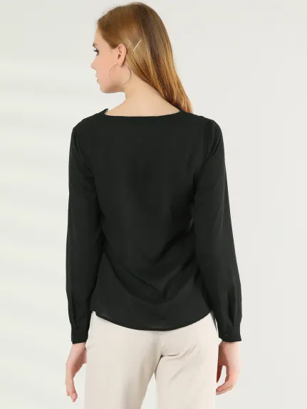 Allegra K - Long Sleeve Casual Lace V Neck Chiffon Shirt