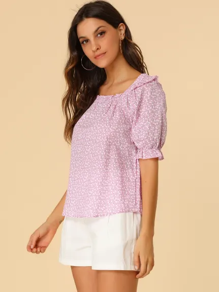 Allegra K - Square Neck Puff Sleeve Ruffled Trim Floral Top