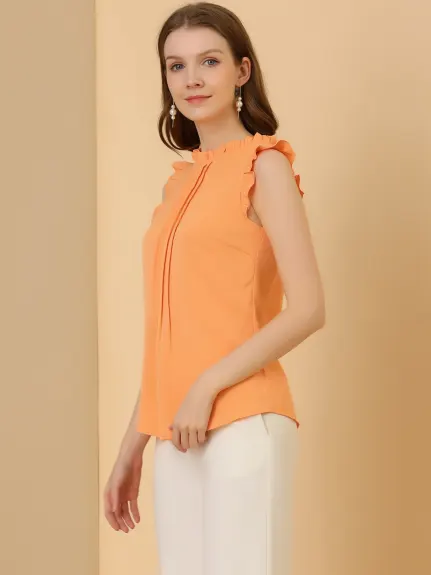 Allegra K- Ruffled Mandarin Collar Sleeveless Pleated Blouse