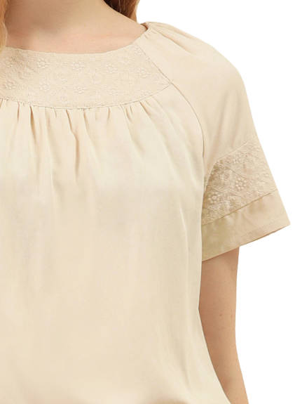 Allegra K - Embroidered Raglan Short Sleeve Pleated Tops