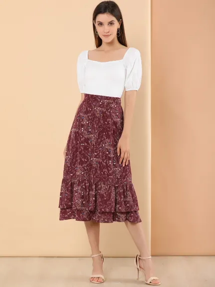 Allegra K- Zipper Printed Chiffon Ruffle Tiered Midi Skirt
